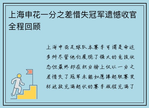 上海申花一分之差惜失冠军遗憾收官全程回顾 上海申花一分之差惜失冠军遗憾收官全程回顾