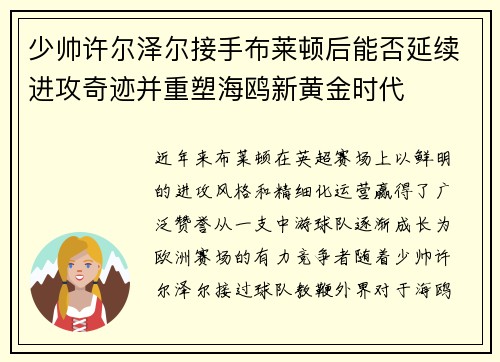 少帅许尔泽尔接手布莱顿后能否延续进攻奇迹并重塑海鸥新黄金时代 少帅许尔泽尔接手布莱顿后能否延续进攻奇迹并重塑海鸥新黄金时代